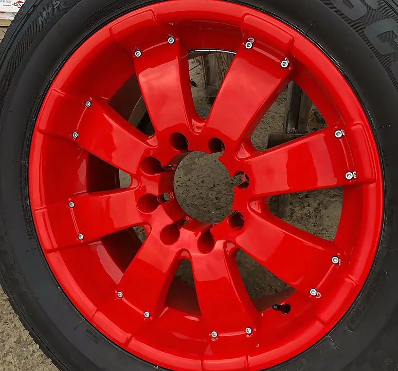 Диск Hummer после порошковой покраски: цвет красный, стандарт с лаком — работа Kalesoff Color